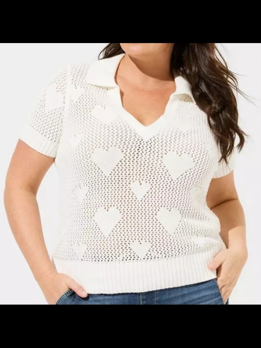 torrid White Heart Open-Knit Polo Sweater Top
